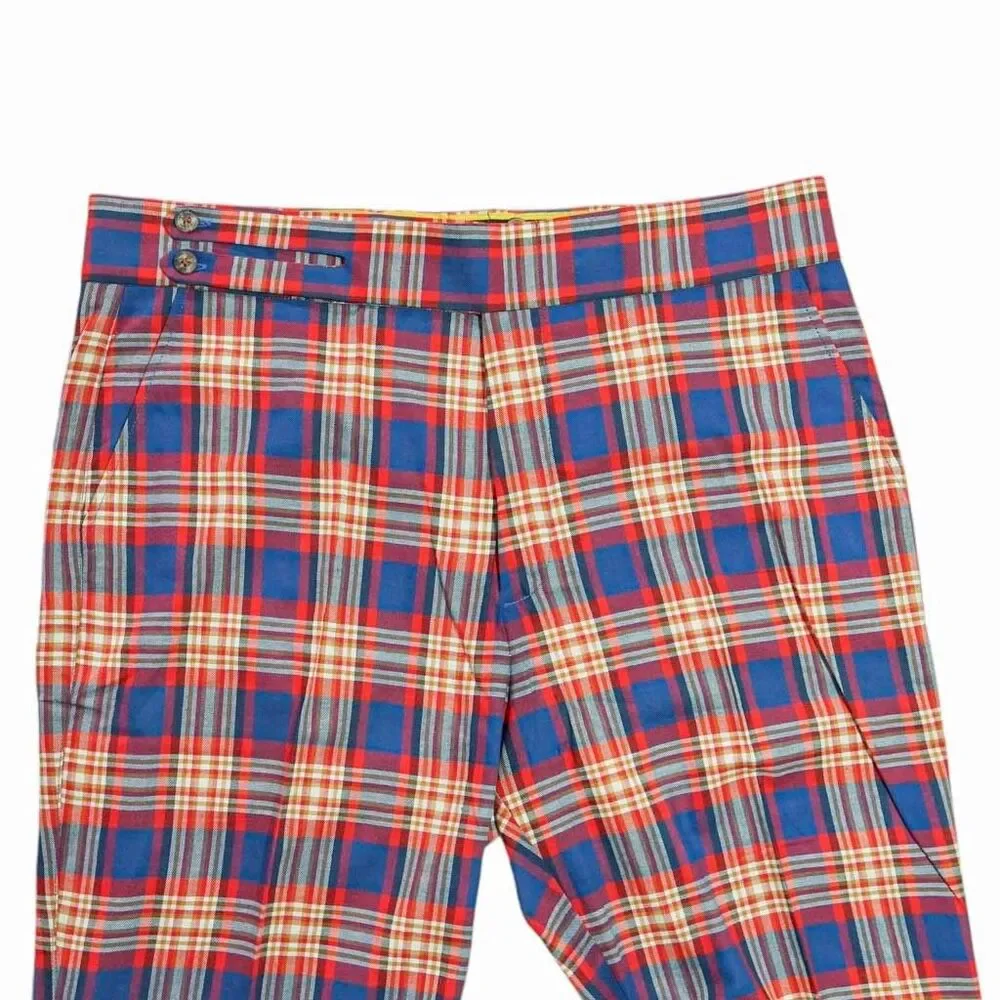 Mens Gurkha Pants 38 Blue Red Beige Plaid Dress Trousers Straight Fit Flat Front